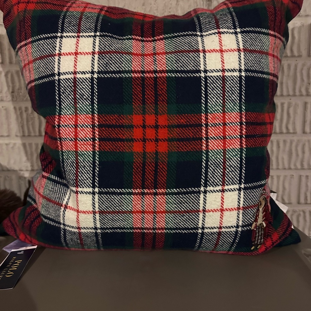 Ralph Lauren Tartan Plaid Polo Bear Embroidered Pillow - Red, Blue, White